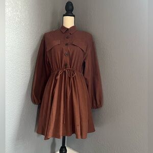 Brown Button-Up Dress with Waist Heavy, warm fabric